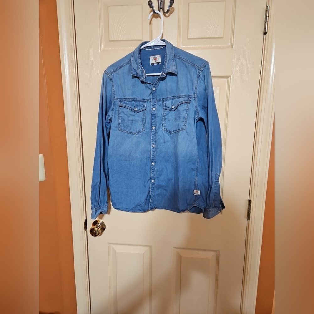 Mens Denim Flying Machine Machine Washed Long Sleeve Pearl Snap Button Down Sz M